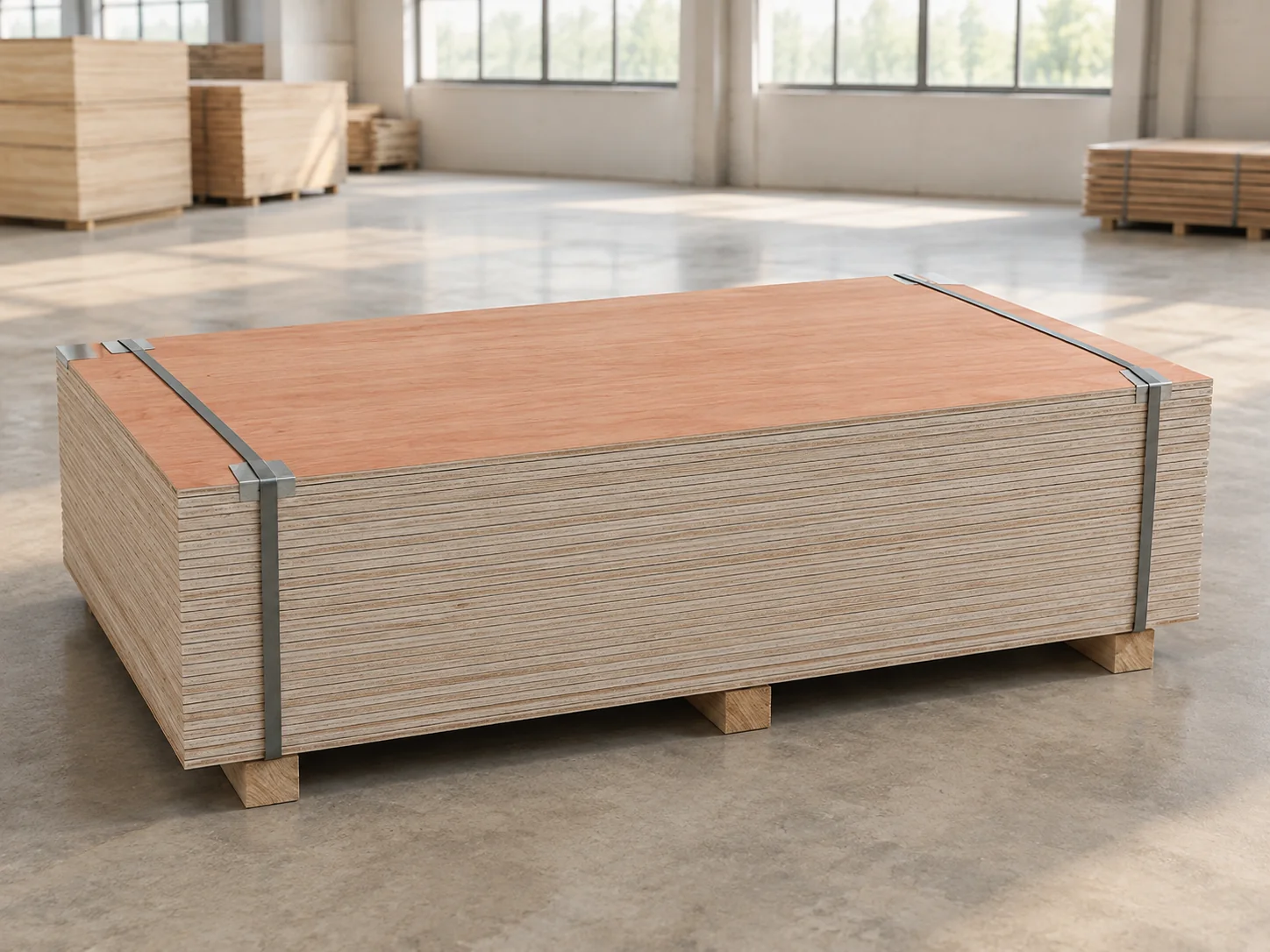 Strapped export bundle of commercial plywood with a bintangor face on top and many thin veneer layers along the edge