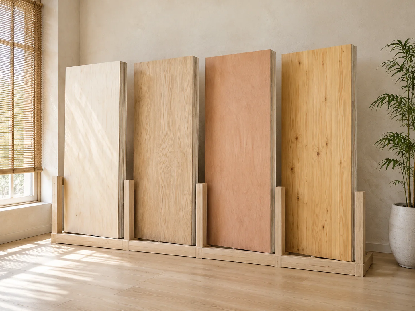 Large plywood panels with poplar, oak-look EV, okoume and pine faces standing side by side in a timber rack