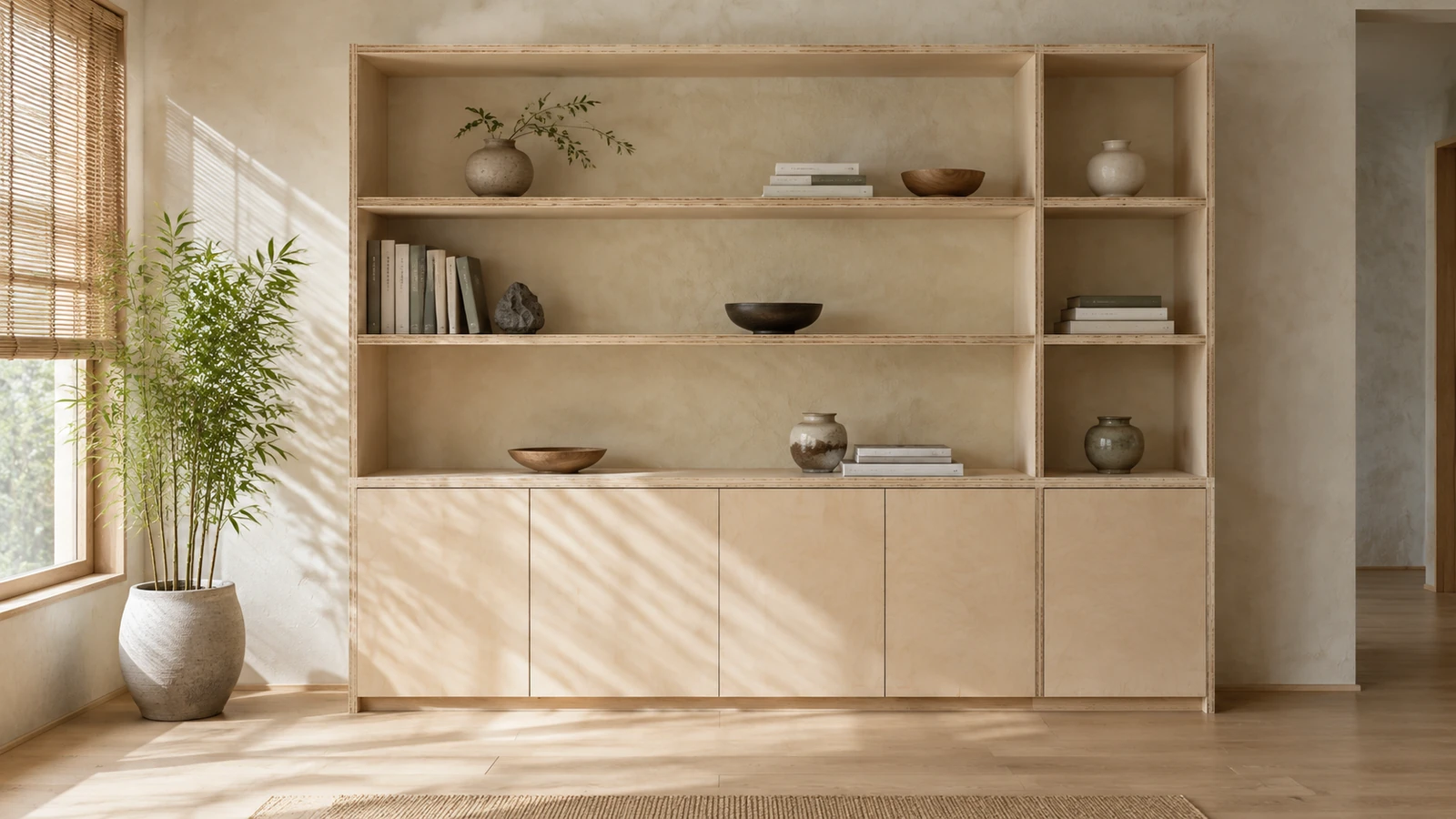 Built-in shelving and low cabinets in pale poplar-faced plywood with exposed layered edges