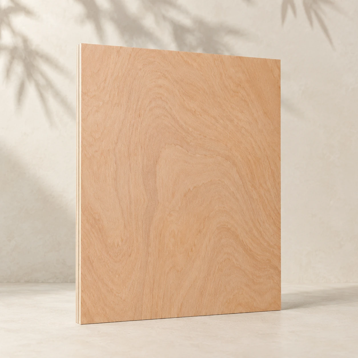 Whole sheet of okoume-faced plywood with a soft pinkish-beige face and gentle wavy figure