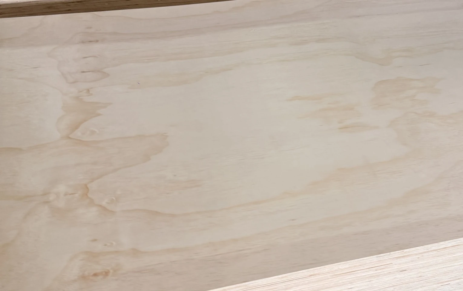 Pale pine-faced plywood sheet with soft cathedral grain and its layered edge