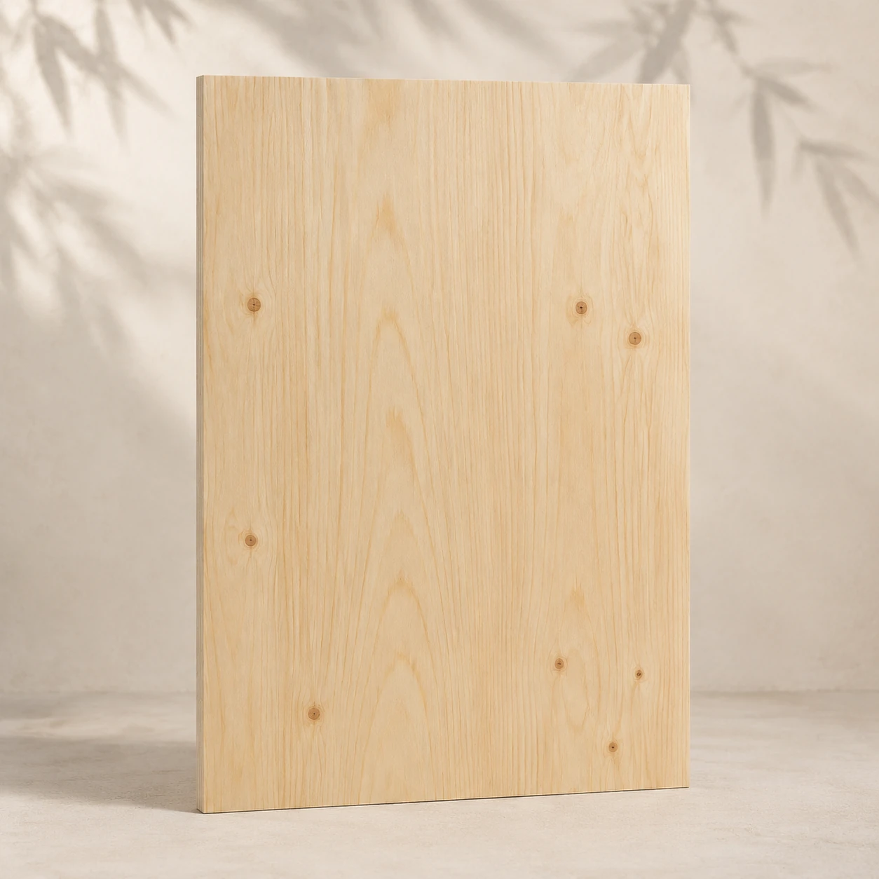 Whole sheet of pine-faced plywood, pale cream face with soft figure and small sound knots, leaning against a plaster wall