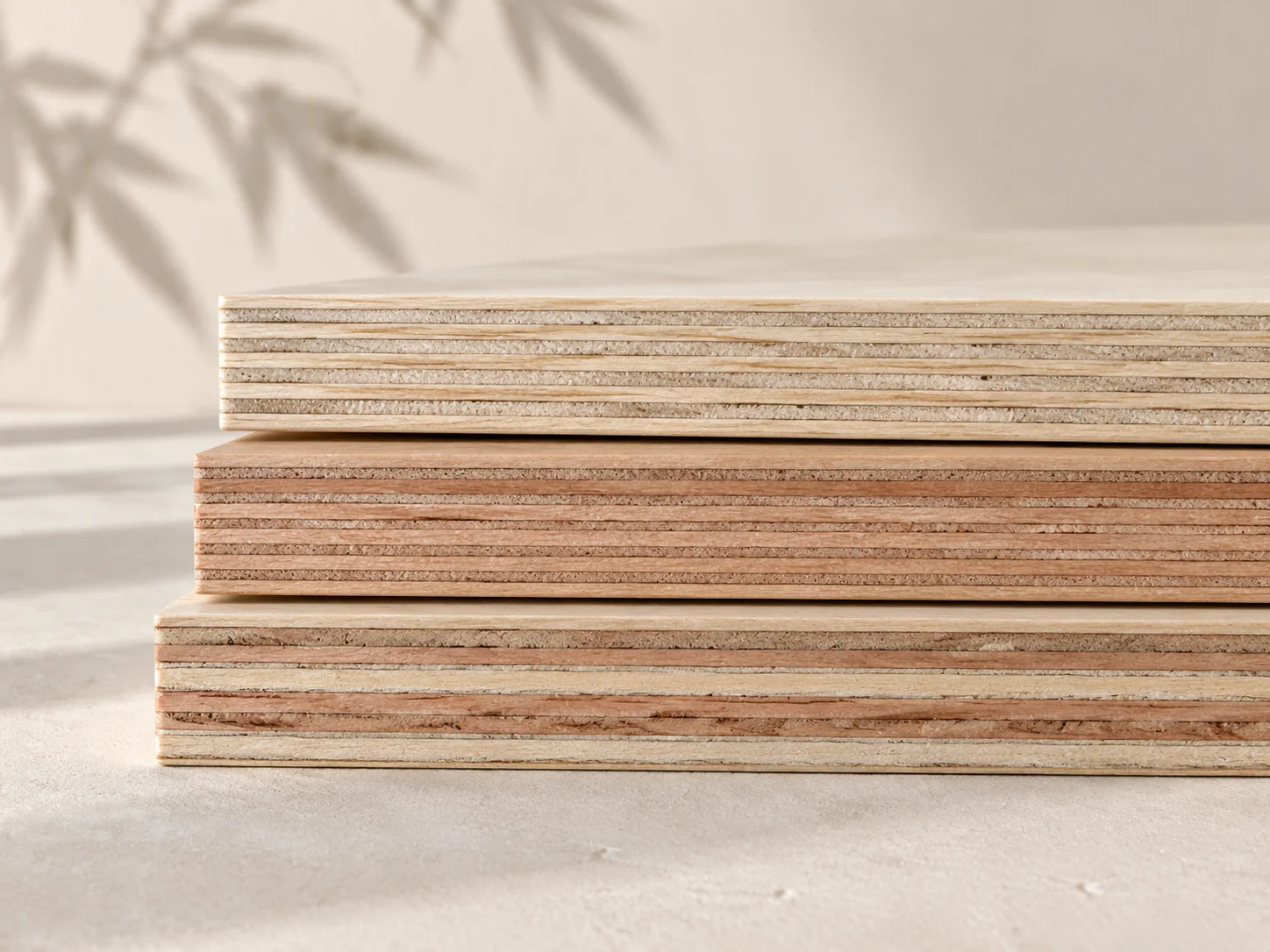 Sawn edges of three stacked plywood panels showing a pale Styrax core, a pinkish-brown eucalyptus core and a combined core