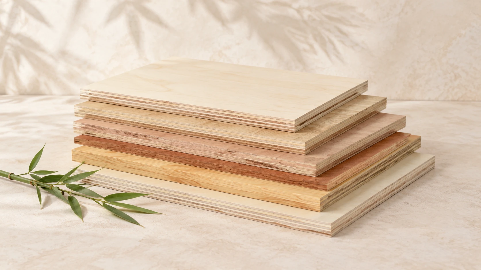 Fanned stack of plywood panels with poplar, oak-look EV, okoume, bintangor and pine faces on a pale plaster floor